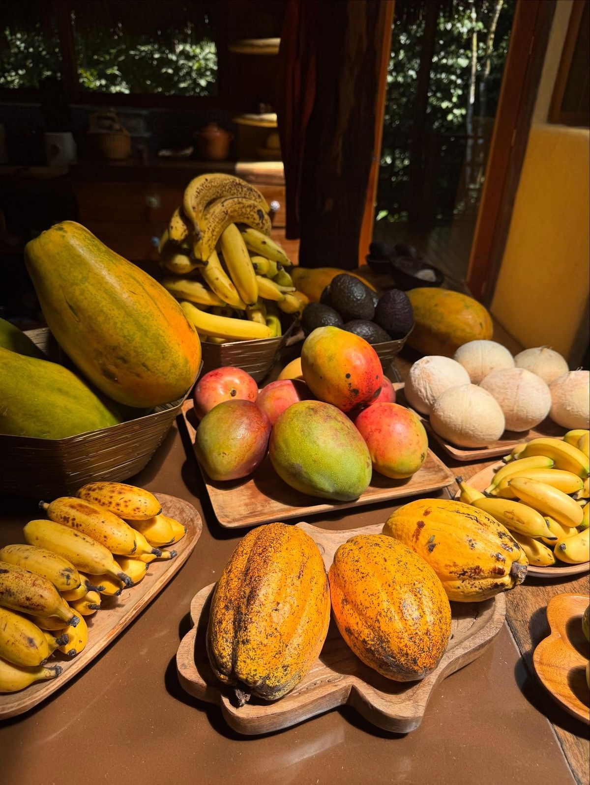 Table of fresh tropical fruit prepared for breakfast